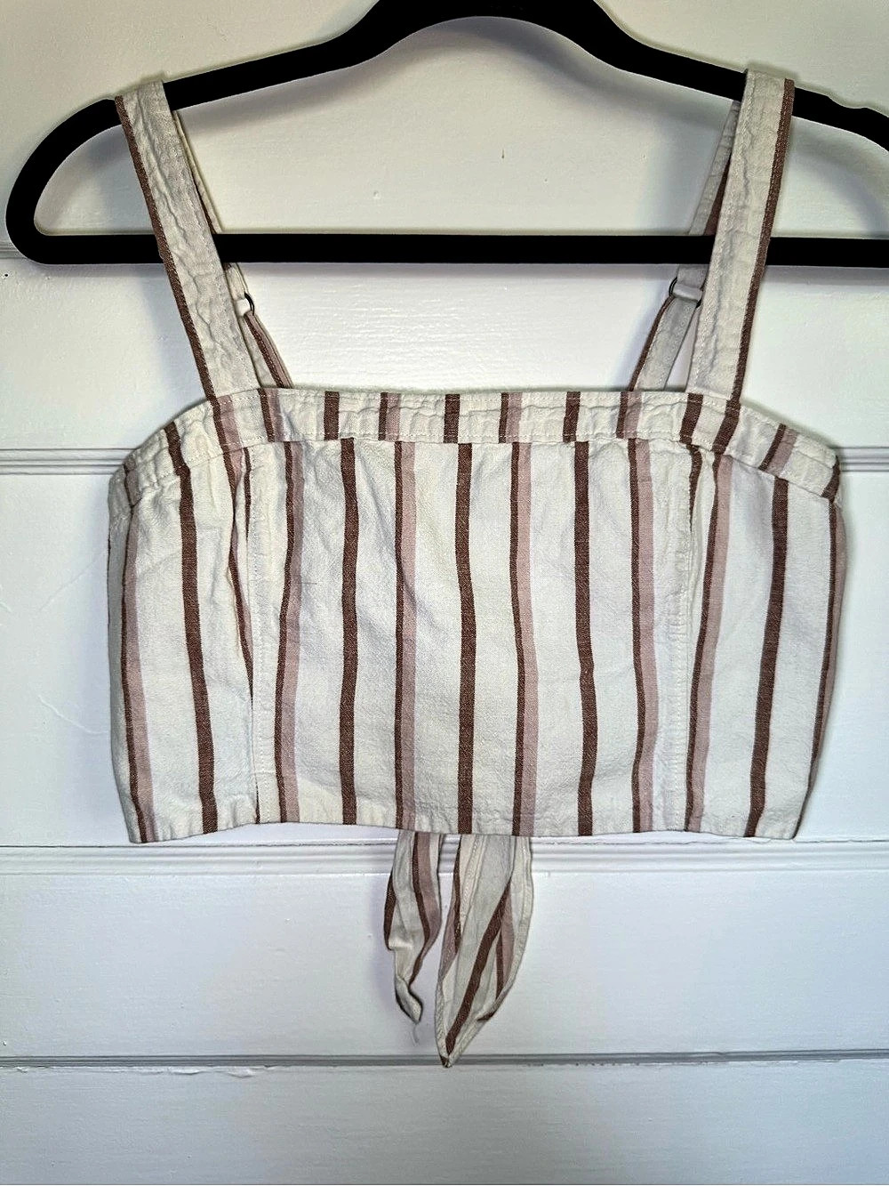 Abercrombie & Fitch Tie-Front Linen Blend Crop Top Cream & Brown Small Cottageco